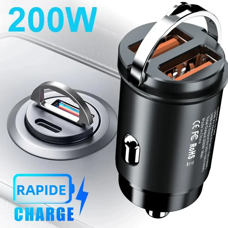 Chargeur de voiture mini QC3.0 PD 100W/200W 12-24V, chargeur rapide USB Type C pour voiture, compatible avec Xiaomi, Samsung, Huawei, iPhone.