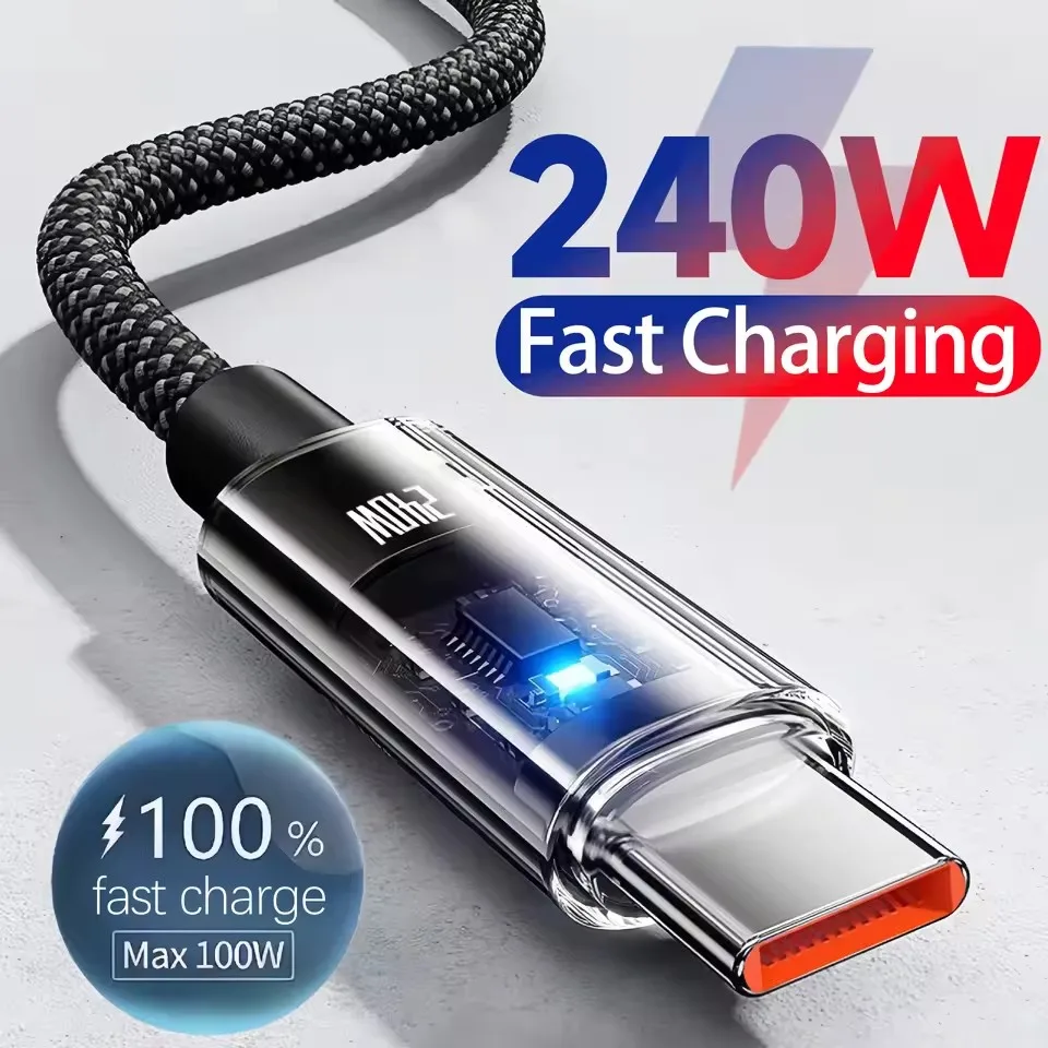 Câble de charge USB Type C en Nylon 240W, très rapide, pour Samsung, Xiaomi, Huawei, Honor, affichage numérique LED, cordon de données