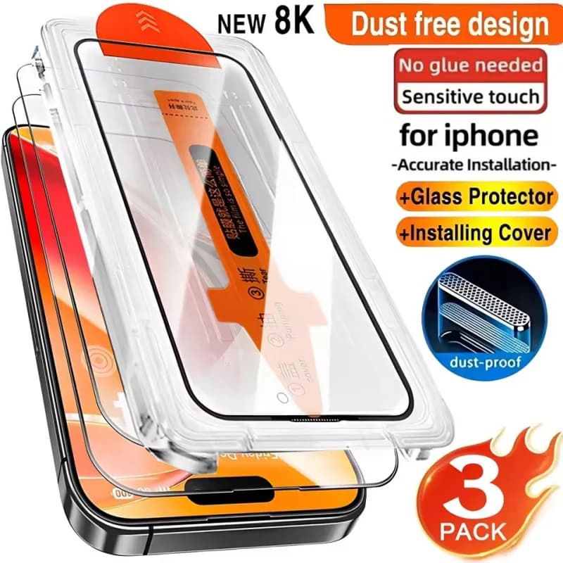 Lot de 3 protections d’écran en verre trempé HD pour iPhone 17 16 Pro Max 15 14 11 12 13 Mini, anti-rayures, installation sans poussière