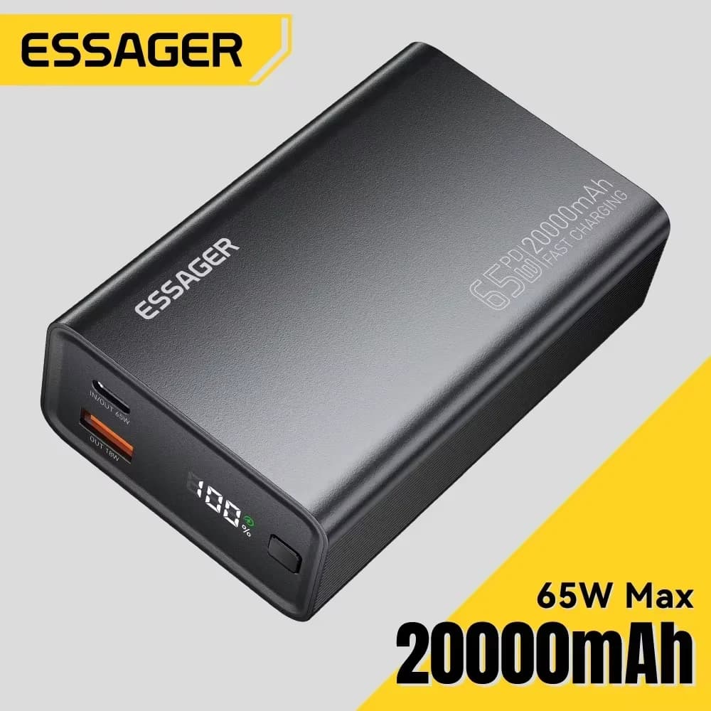 Batterie externe portable Essager Power Bank 20000mAh, charge rapide PD 65W, batterie externe pour téléphone portable, compatible avec iPhone 18, 17, 16, ordinateur portable et Mac.